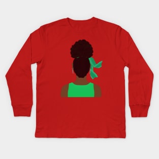 High Afro Puff Ponytail with Green Outfit (Light Gray Background) Kids Long Sleeve T-Shirt